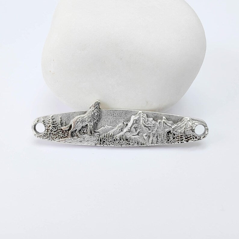 Wolf Mountain Connector Charm, Forest Landscape Design, Antique Silver Plated, Bar Shape, 43x11mm, G37927