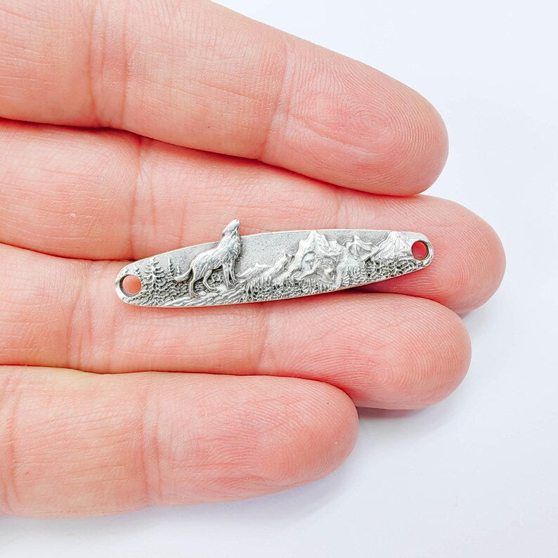 Wolf Mountain Connector Charm, Forest Landscape Design, Antique Silver Plated, Bar Shape, 43x11mm, G37927