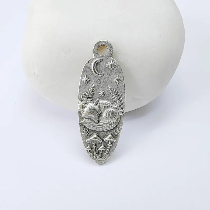 Sleeping Fox Moon Charm Pendant, Double Sided Woodland Design, Antique Silver Plated, 30x12mm, G37929