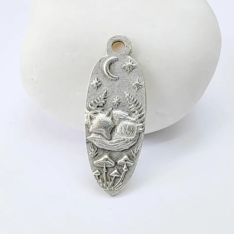 Sleeping Fox Moon Charm Pendant, Double Sided Woodland Design, Antique Silver Plated, 30x12mm, G37929
