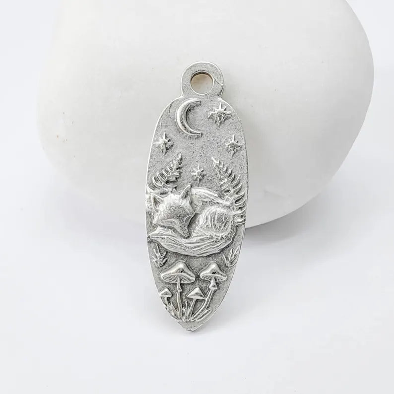 Sleeping Fox Moon Charm Pendant, Double Sided Woodland Design, Antique Silver Plated, 30x12mm, G37929