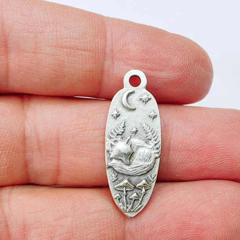 Sleeping Fox Moon Charm Pendant, Double Sided Woodland Design, Antique Silver Plated, 30x12mm, G37929