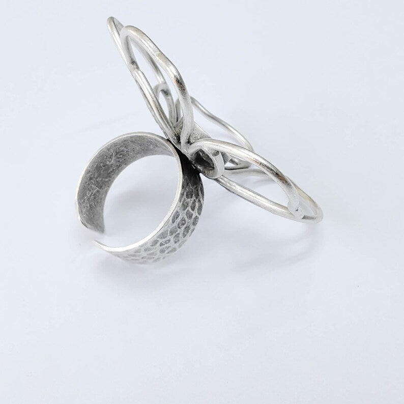 Antique Silver Adjustable Flower Ring Base, 10mm Round Bezel, Statement Floral Setting, G37930