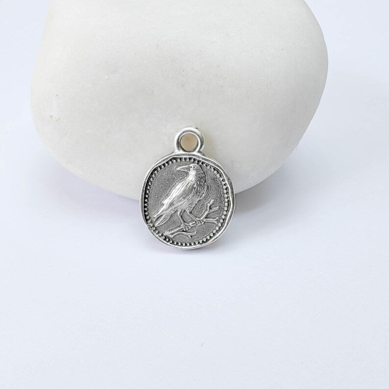 4 Raven Bird Charm Pendant, Double Sided Animal Design, Antique Silver Plated, 16x13mm, G37932