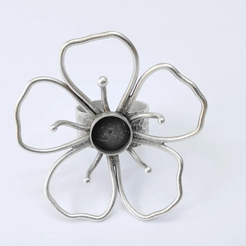 Antique Silver Adjustable Large Flower Ring Base, 10mm Round Bezel, Statement Floral Setting, G37935