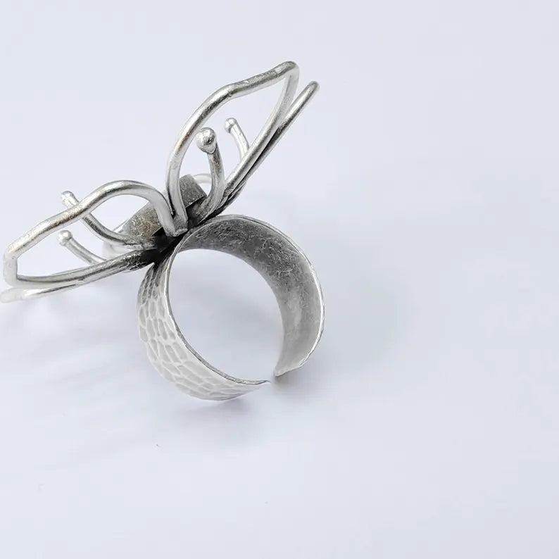 Antique Silver Adjustable Large Flower Ring Base, 10mm Round Bezel, Statement Floral Setting, G37935