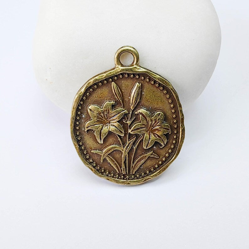 Lily Flower Charm Pendant, Double Sided Botanical Design, Antique Bronze Plated, 28x24mm, G37937