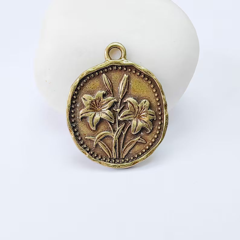 Lily Flower Charm Pendant, Double Sided Botanical Design, Antique Bronze Plated, 28x24mm, G37937