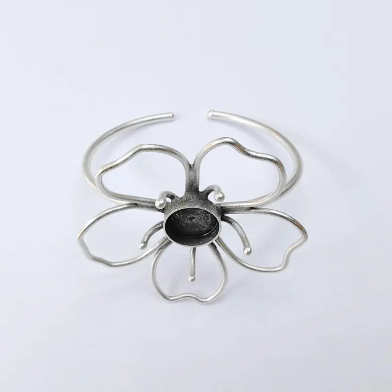 Flower Bezel Cuff, Adjustable Bracelet Blank, 12mm Round Setting, Open Floral Bracelet Base, G37939