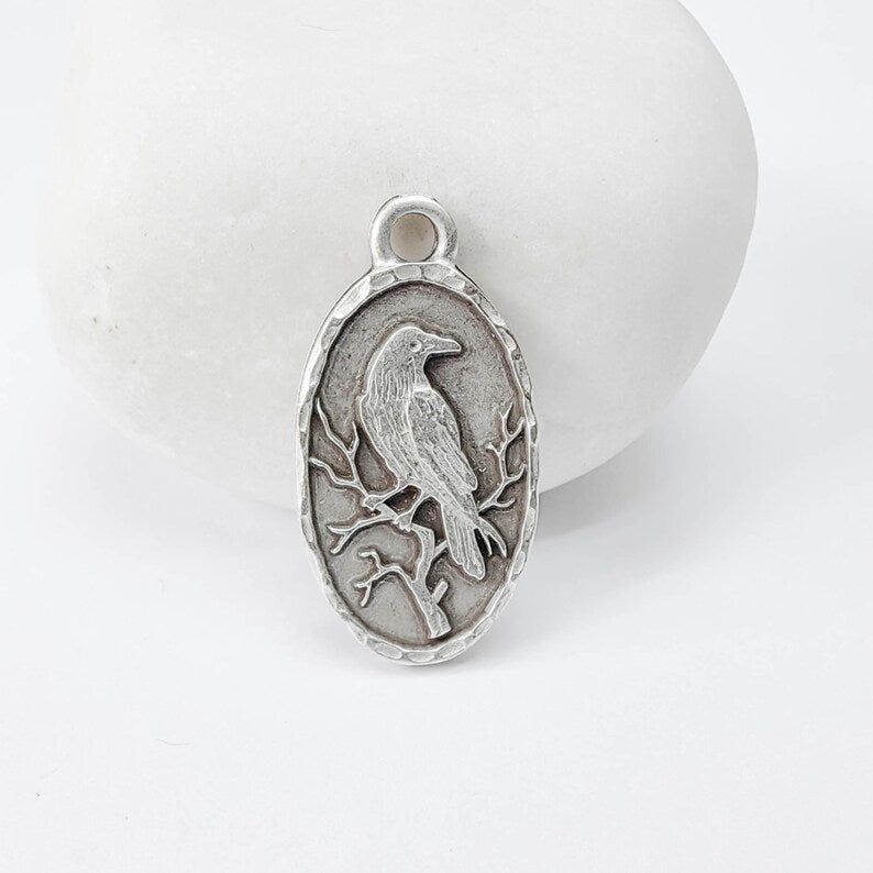 Raven Oval Charm Pendant, Double Sided Bird Design, Antique Silver Plated, 25x13mm, G37940