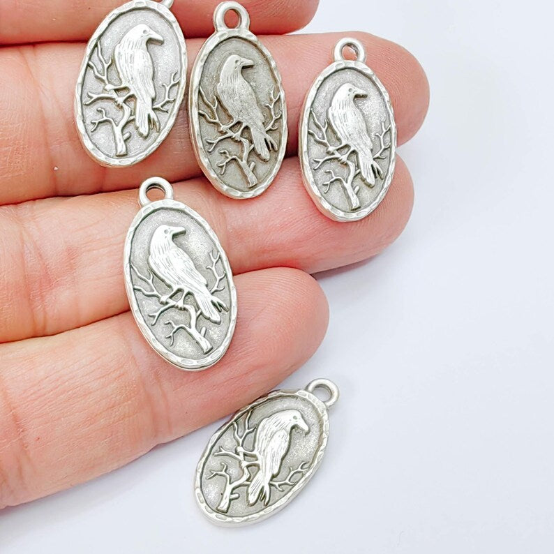 Raven Oval Charm Pendant, Double Sided Bird Design, Antique Silver Plated, 25x13mm, G37940