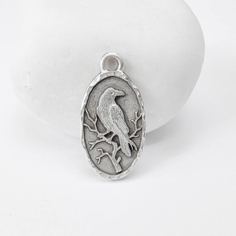 Raven Oval Charm Pendant, Double Sided Bird Design, Antique Silver Plated, 25x13mm, G37940