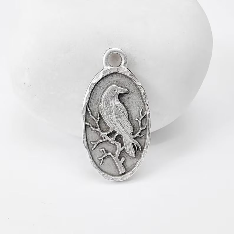 Raven Oval Charm Pendant, Double Sided Bird Design, Antique Silver Plated, 25x13mm, G37940
