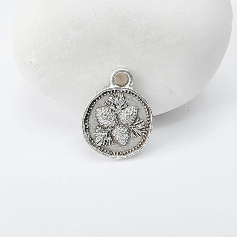 4 Pcs Pine Cone Round Charm Pendant, Double Sided Botanical Design, Antique Silver Plated, 16x13mm, G37941