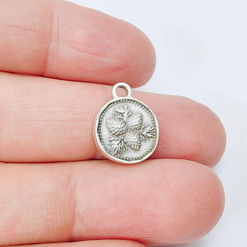 4 Pcs Pine Cone Round Charm Pendant, Double Sided Botanical Design, Antique Silver Plated, 16x13mm, G37941