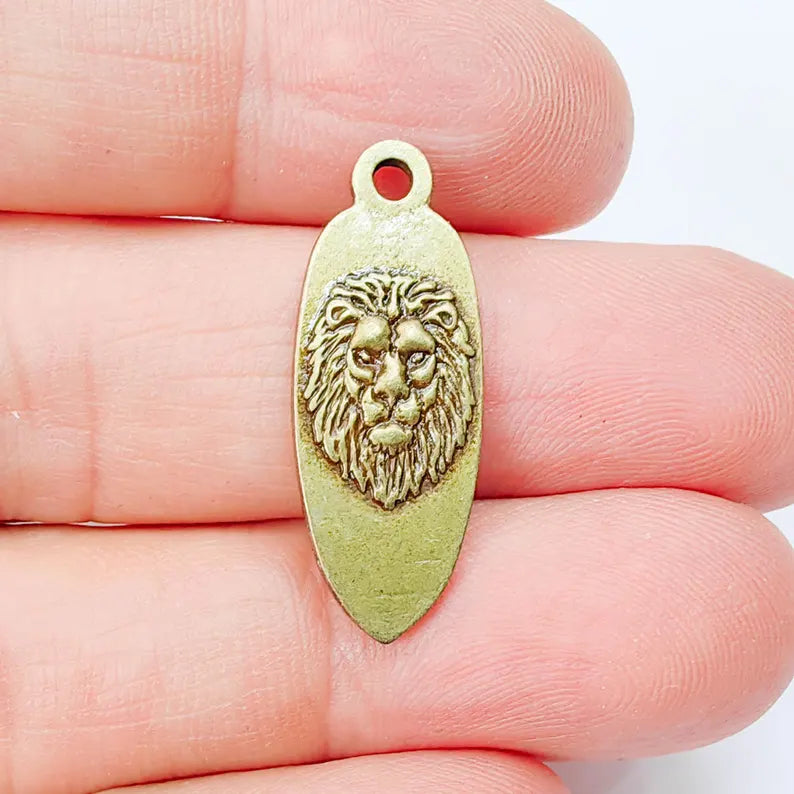 Lion Head Charm Pendant, Double Sided Animal Design, Antique Bronze Plated, 30x12mm, G37942