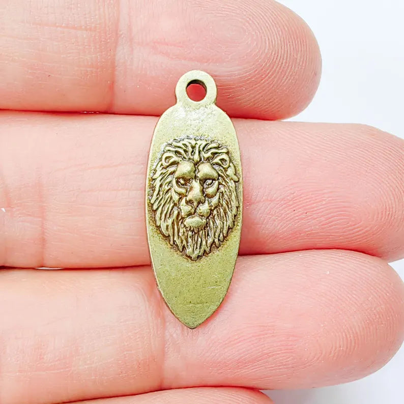 Lion Head Charm Pendant, Double Sided Animal Design, Antique Bronze Plated, 30x12mm, G37942