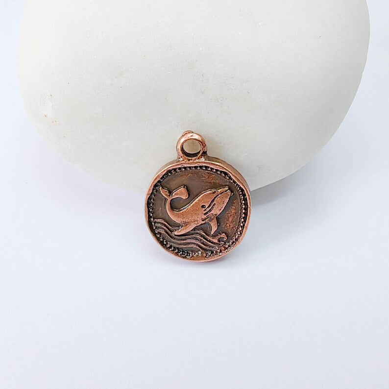 4 Whale Charm Pendant, Double Sided Ocean Animal Design, Antique Copper Plated, 20x13mm, G37943