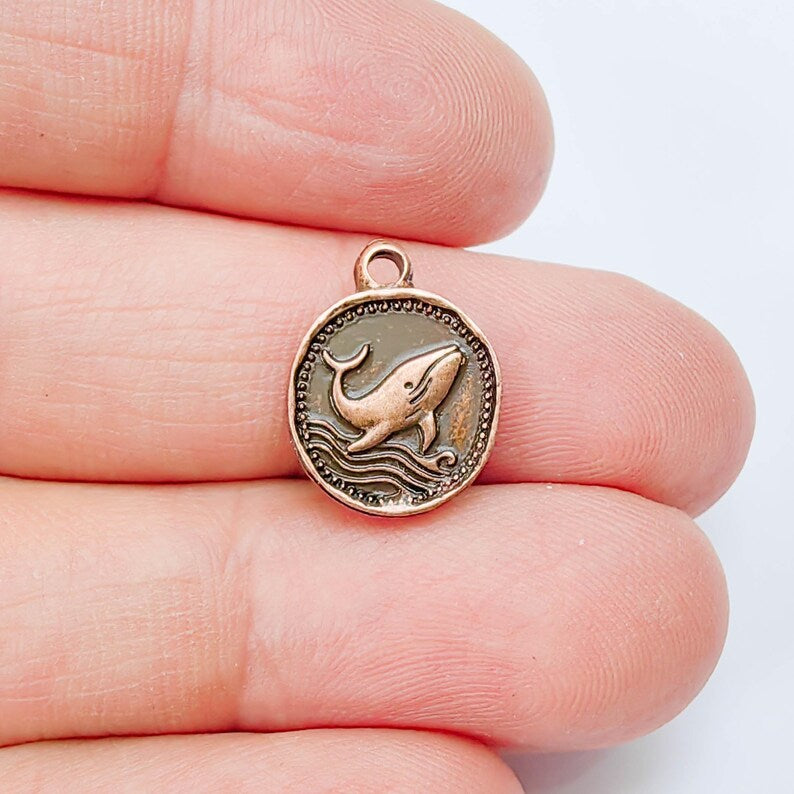 4 Whale Charm Pendant, Double Sided Ocean Animal Design, Antique Copper Plated, 20x13mm, G37943