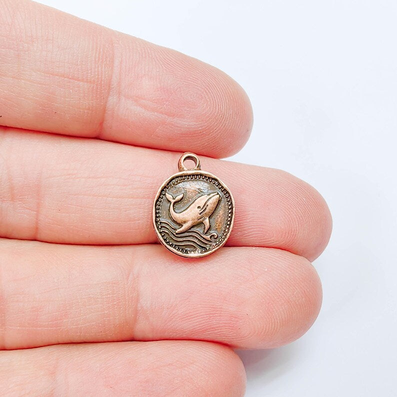 4 Whale Charm Pendant, Double Sided Ocean Animal Design, Antique Copper Plated, 20x13mm, G37943