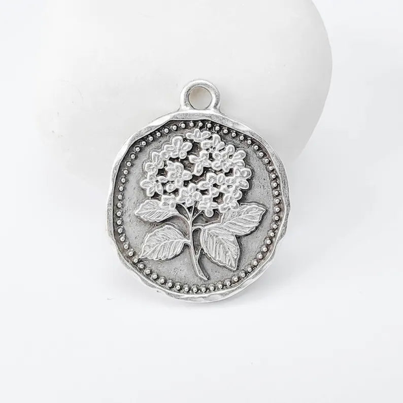 Hydrangea Round Charm Pendant, Double Sided Botanical Design, Antique Silver Plated, 28x24mm, G37944