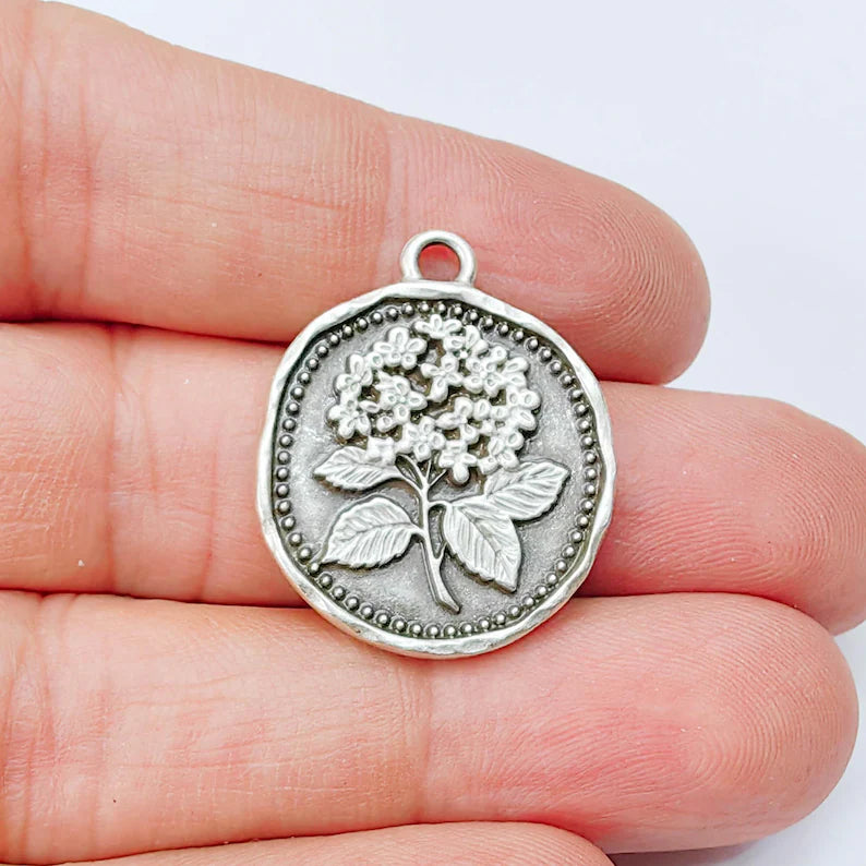 Hydrangea Round Charm Pendant, Double Sided Botanical Design, Antique Silver Plated, 28x24mm, G37944