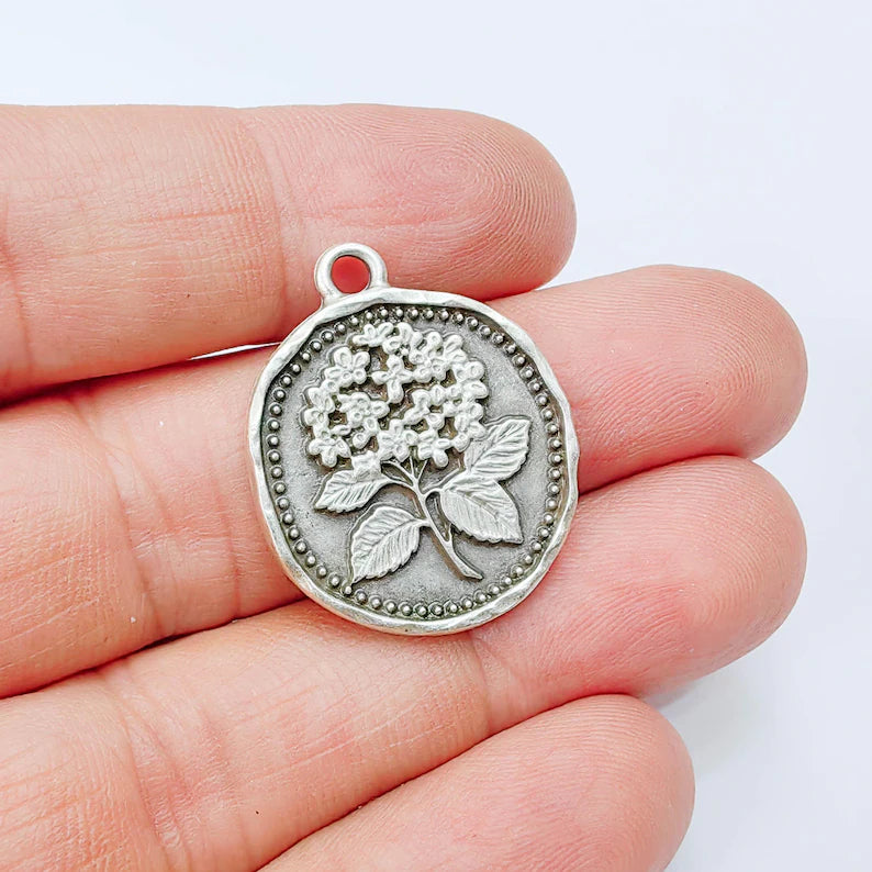 Hydrangea Round Charm Pendant, Double Sided Botanical Design, Antique Silver Plated, 28x24mm, G37944
