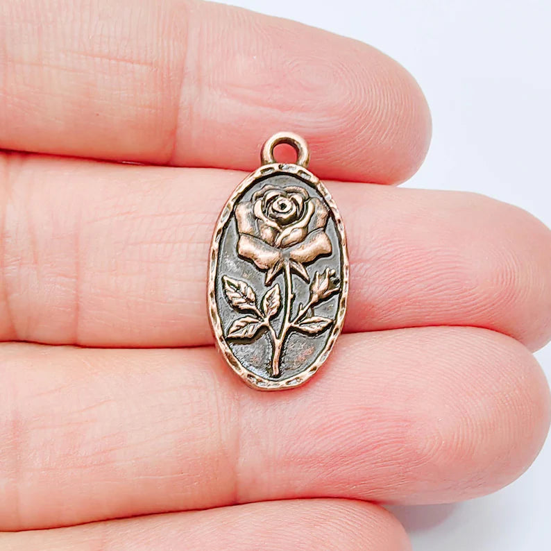 Rose Flower Charm Pendant, Double Sided Botanical Floral Design, 25x13mm, Antique Copper Plated G37945