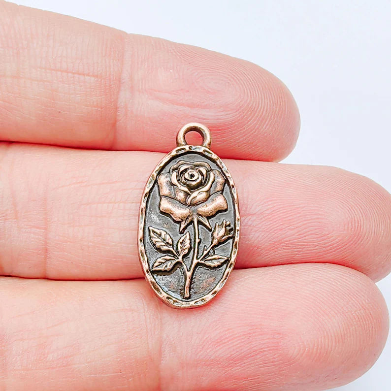 Rose Flower Charm Pendant, Double Sided Botanical Floral Design, 25x13mm, Antique Copper Plated G37945