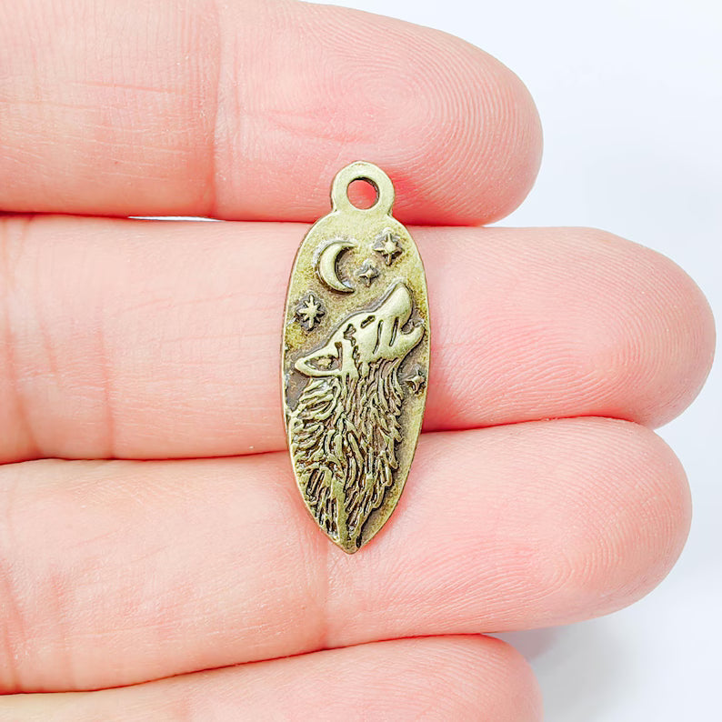Wolf Head Charm Pendant, Double Sided Celestial Animal Design, 30x12mm, Antique Bronze Plated G37949