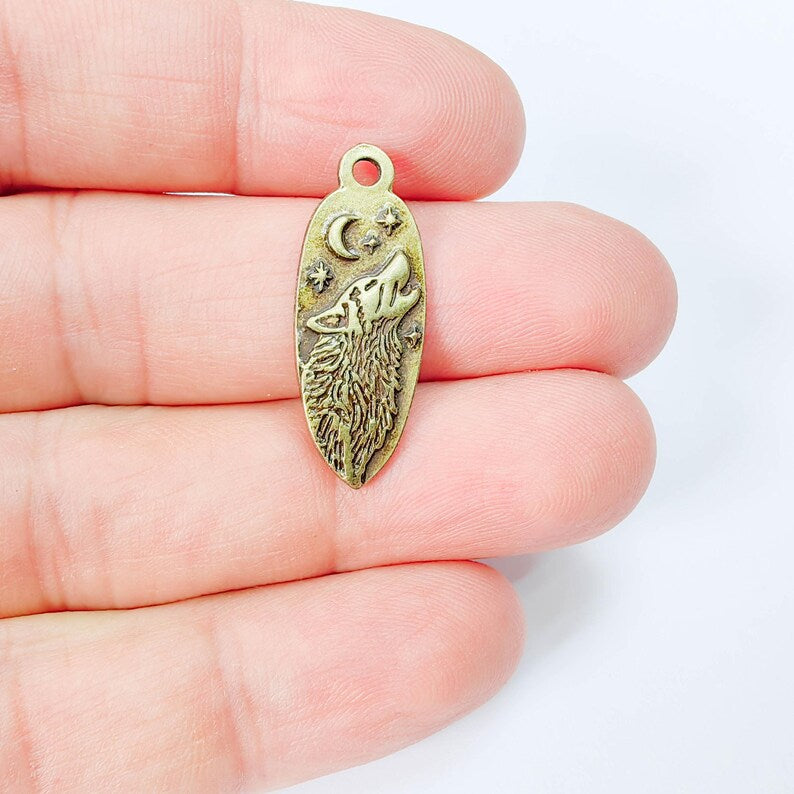 Wolf Head Charm Pendant, Double Sided Celestial Animal Design, 30x12mm, Antique Bronze Plated G37949