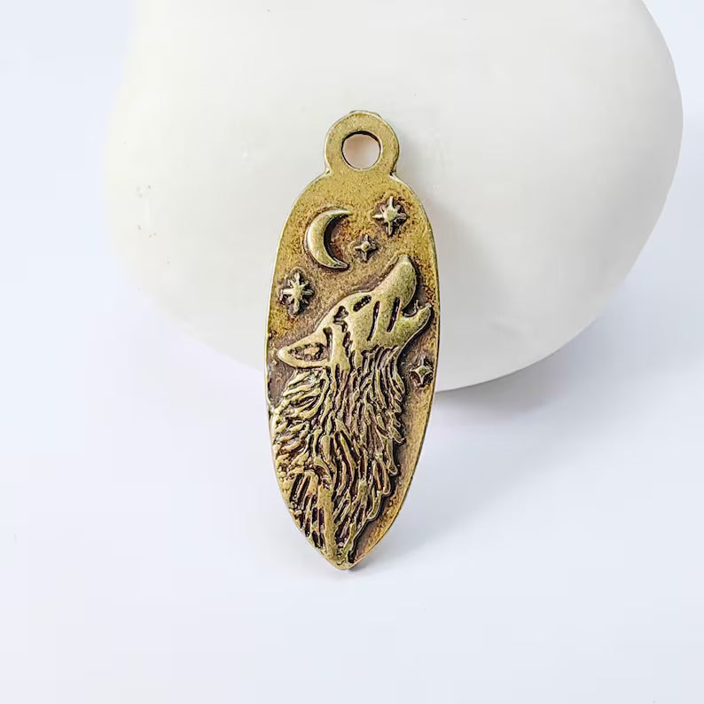 Wolf Head Charm Pendant, Double Sided Celestial Animal Design, 30x12mm, Antique Bronze Plated G37949