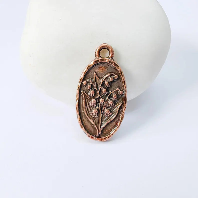Lily of the Valley Oval Charm Pendant, Double Sided Botanical Design, Antique Copper Plated, 25x13mm, G37950
