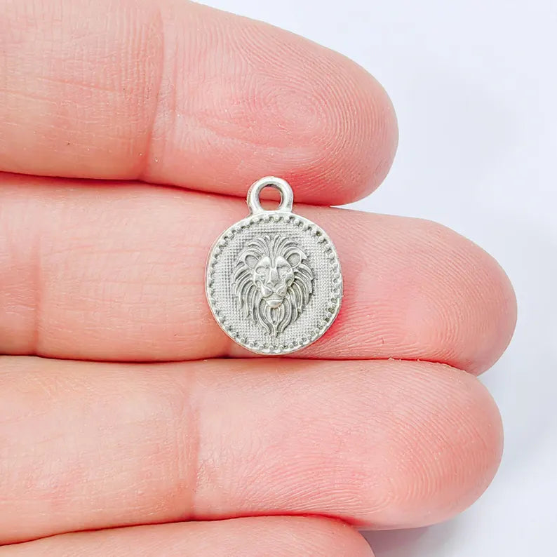 4 Pcs Lion Head Round Charm Pendant, Double Sided Animal Design, Antique Silver Plated, 16x13mm, G37951