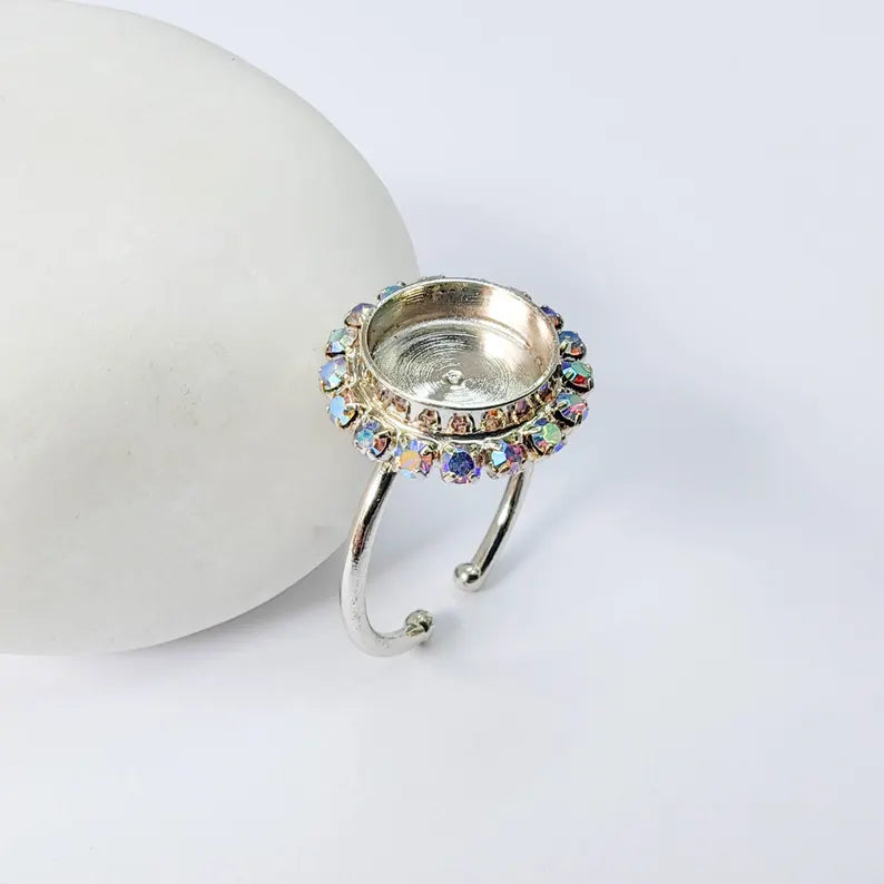 Ring Blank Rainbow Clear Color Crystals, Bezel Setting Cabochon Resin Shiny Silver Base Rhodium Plated Brass Adjustable (10mm) G37952