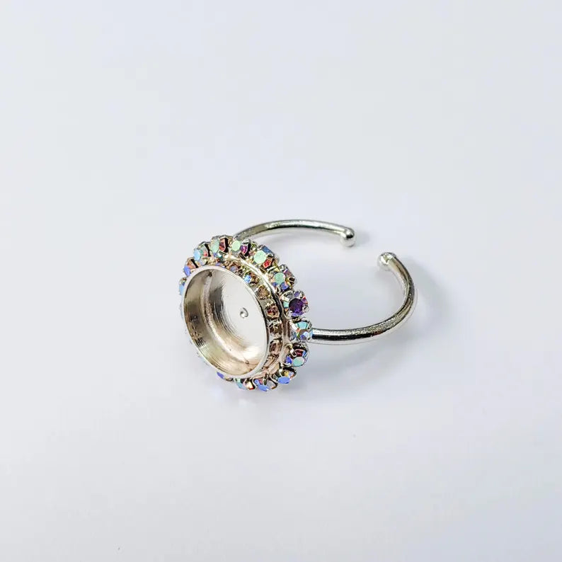 Ring Blank Rainbow Clear Color Crystals, Bezel Setting Cabochon Resin Shiny Silver Base Rhodium Plated Brass Adjustable (10mm) G37952