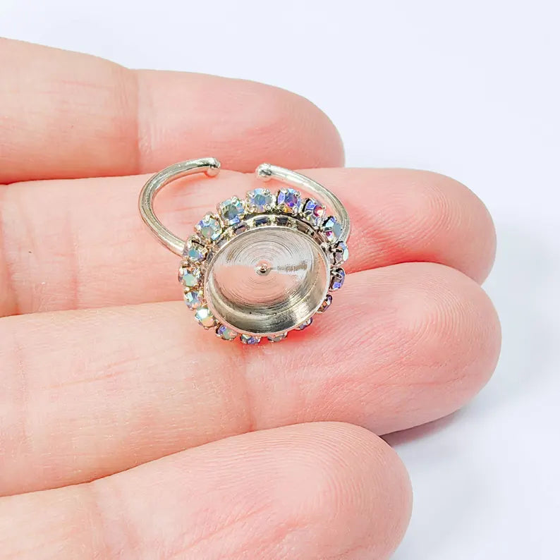 Ring Blank Rainbow Clear Color Crystals, Bezel Setting Cabochon Resin Shiny Silver Base Rhodium Plated Brass Adjustable (10mm) G37952