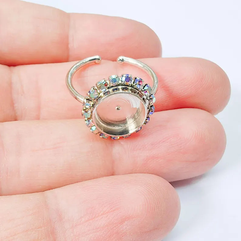 Ring Blank Rainbow Clear Color Crystals, Bezel Setting Cabochon Resin Shiny Silver Base Rhodium Plated Brass Adjustable (10mm) G37952