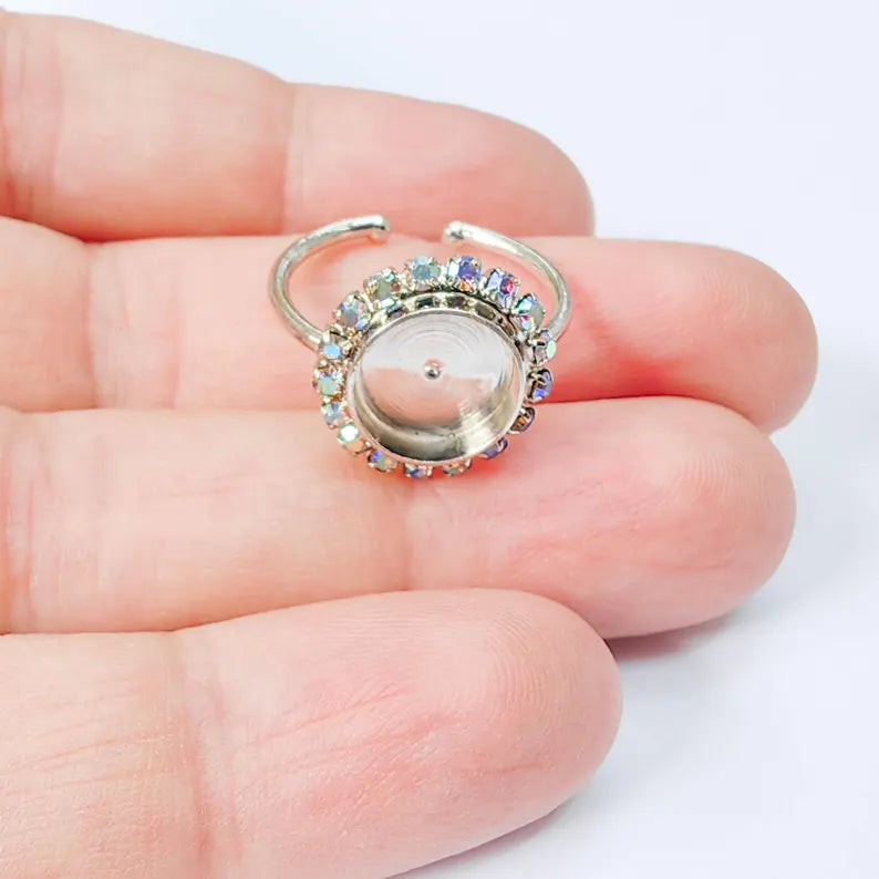 Ring Blank Rainbow Clear Color Crystals, Bezel Setting Cabochon Resin Shiny Silver Base Rhodium Plated Brass Adjustable (10mm) G37952