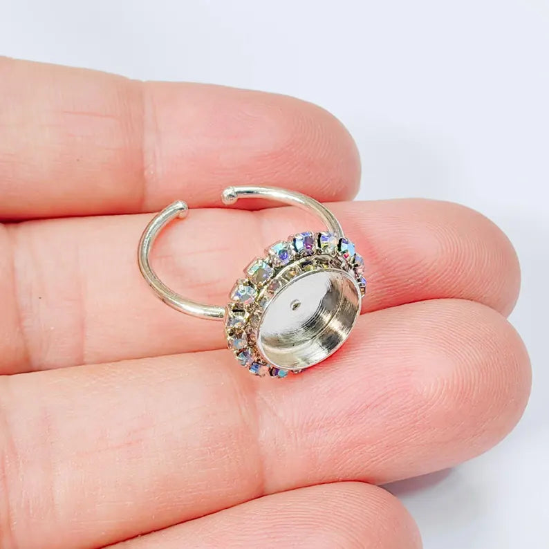 Ring Blank Rainbow Clear Color Crystals, Bezel Setting Cabochon Resin Shiny Silver Base Rhodium Plated Brass Adjustable (10mm) G37952
