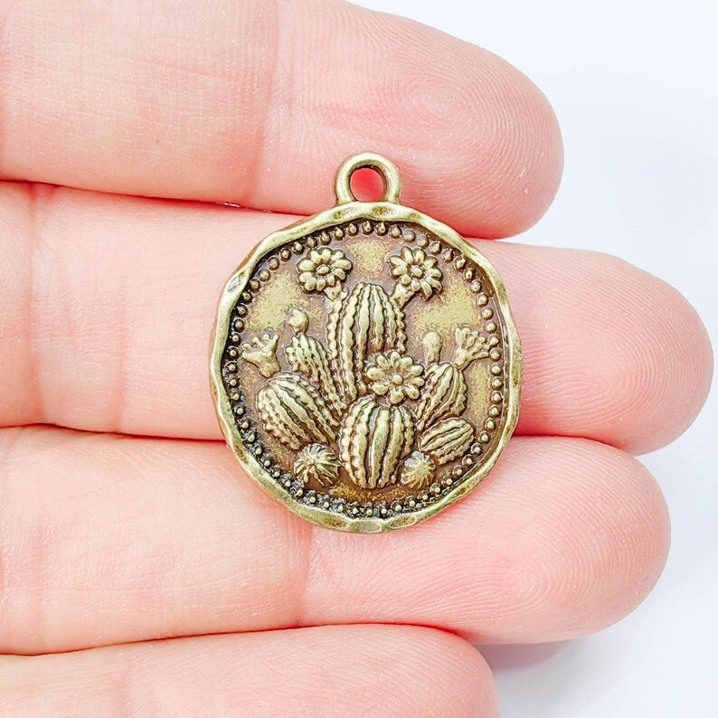 Cactus Flower Charm Pendant, Double Sided Desert Botanical Design, Antique Bronze Plated, 28x24mm, G37953