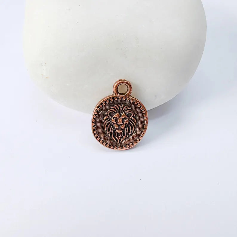 4 Pcs Lion Head Round Charm Pendant, Double Sided Animal Design, Antique Copper Plated, 16x13mm, G37954