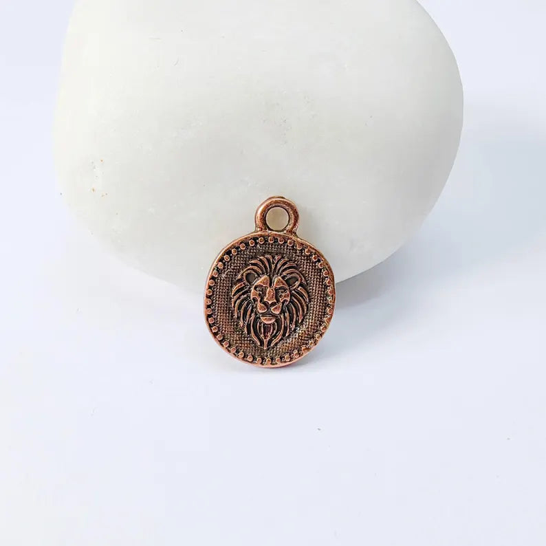 4 Pcs Lion Head Round Charm Pendant, Double Sided Animal Design, Antique Copper Plated, 16x13mm, G37954
