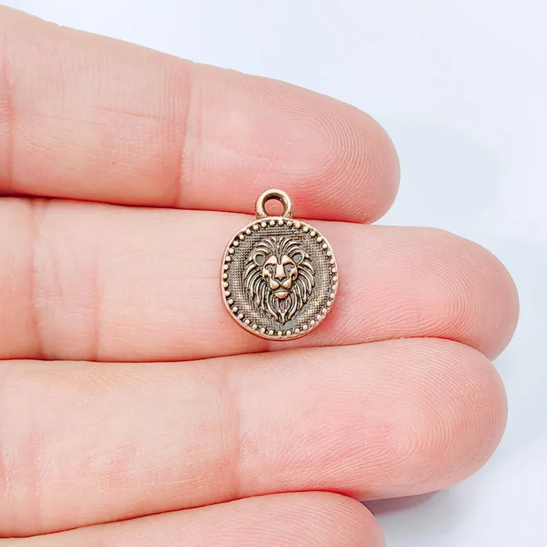 4 Pcs Lion Head Round Charm Pendant, Double Sided Animal Design, Antique Copper Plated, 16x13mm, G37954