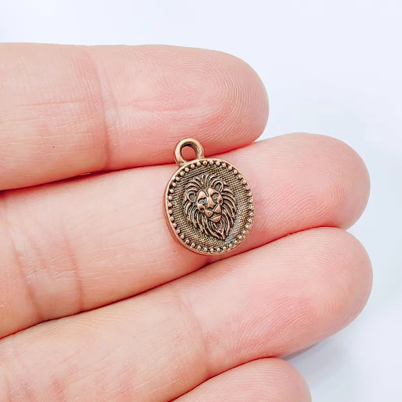 4 Pcs Lion Head Round Charm Pendant, Double Sided Animal Design, Antique Copper Plated, 16x13mm, G37954