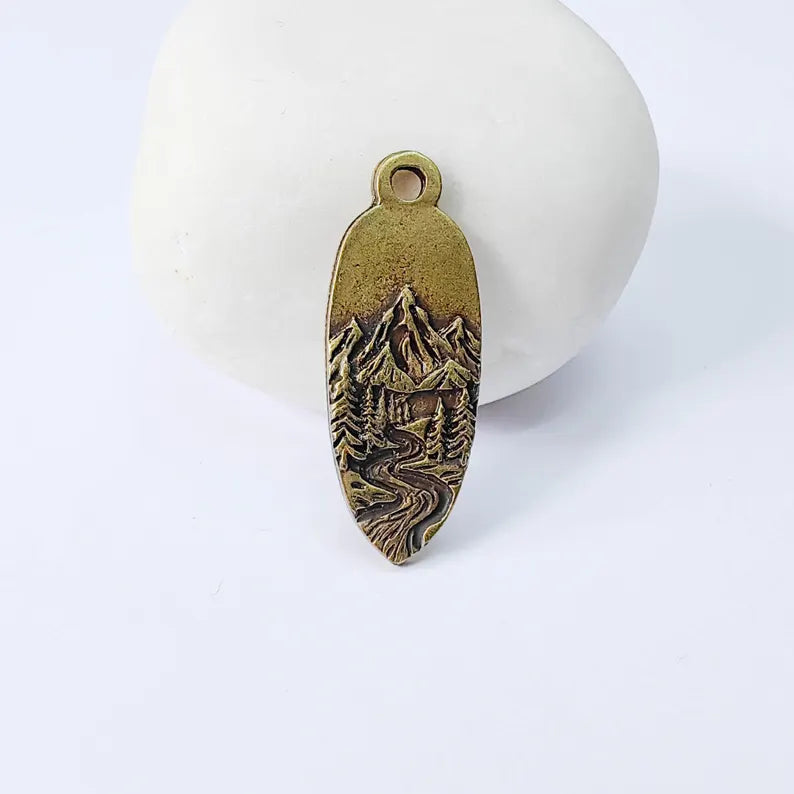 Mountain Landscape Charm Pendant, Double Sided Nature Design, Antique Bronze Plated, 30x12mm, G37955