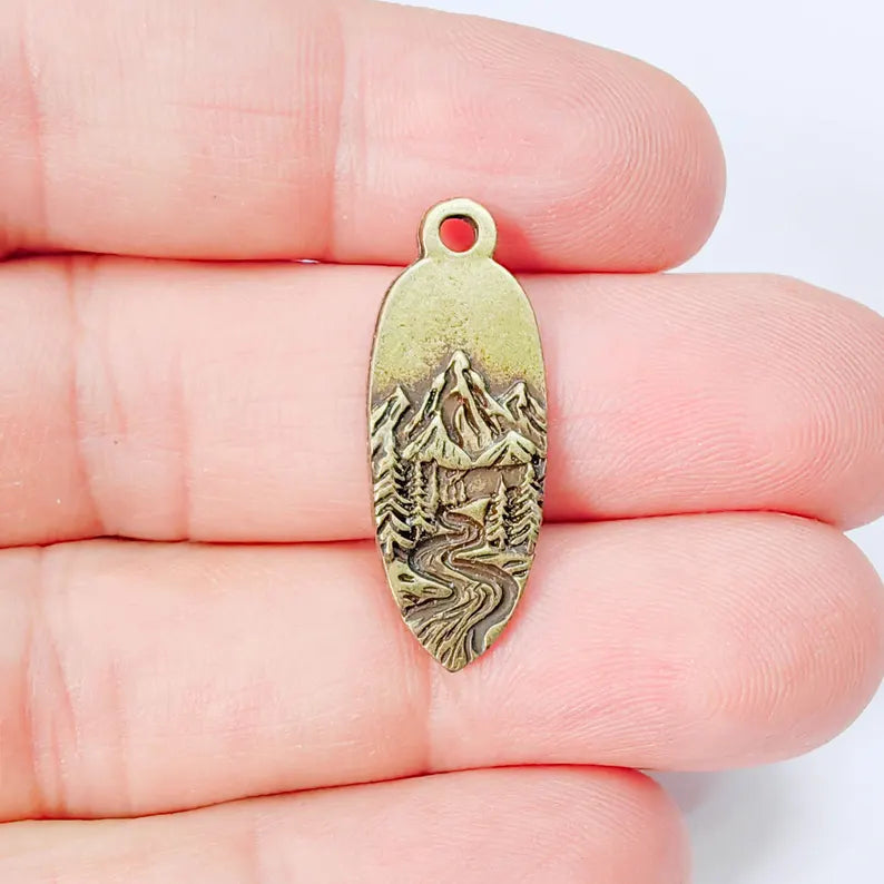 Mountain Landscape Charm Pendant, Double Sided Nature Design, Antique Bronze Plated, 30x12mm, G37955