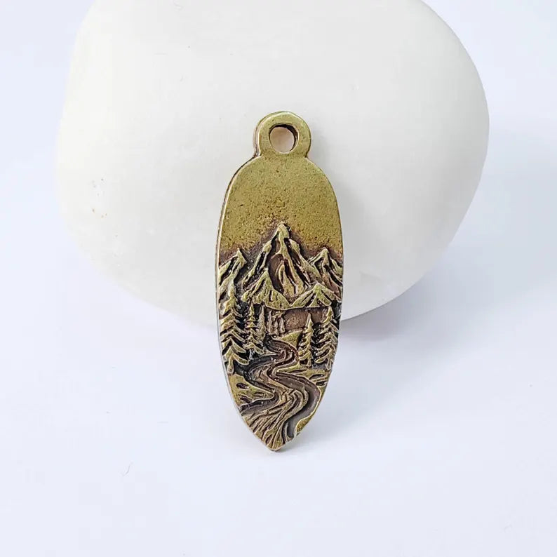 Mountain Landscape Charm Pendant, Double Sided Nature Design, Antique Bronze Plated, 30x12mm, G37955
