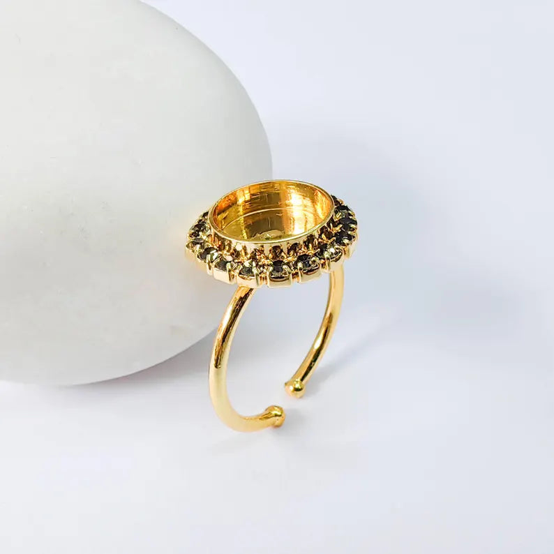 Ring Blank with Dark Navy Blue Crystals, Ring Bezel Setting Cabochon Resin Mounting Shiny Gold Plated Brass Adjustable Ring (10mm) G37956