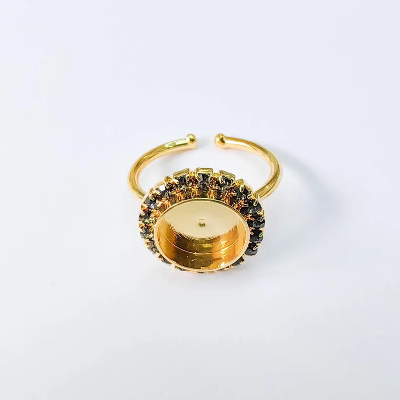 Ring Blank with Dark Navy Blue Crystals, Ring Bezel Setting Cabochon Resin Mounting Shiny Gold Plated Brass Adjustable Ring (10mm) G37956